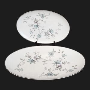 2PC Noritake LORENE 16" & 12" Oval Platter 5764 Blue Gray Floral Silver Trim